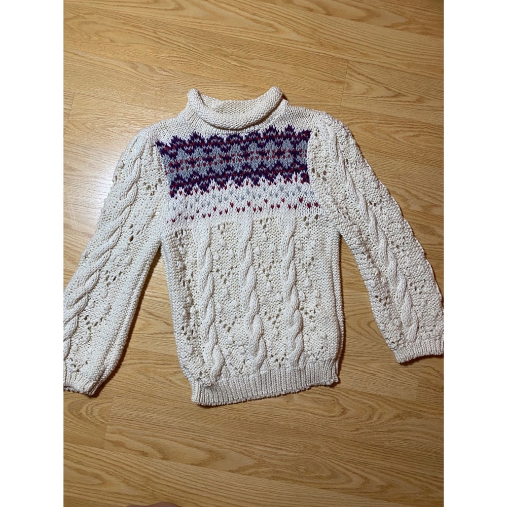 Jennifer Reed Vintage Silk Blend Fair Isle Cable Knit Roll Neck Sweater Granola